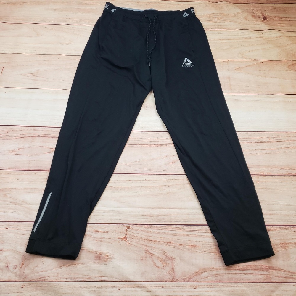 Reebok Pants Mens Medium Black Joggers Athletic Running Reflective Drawstring